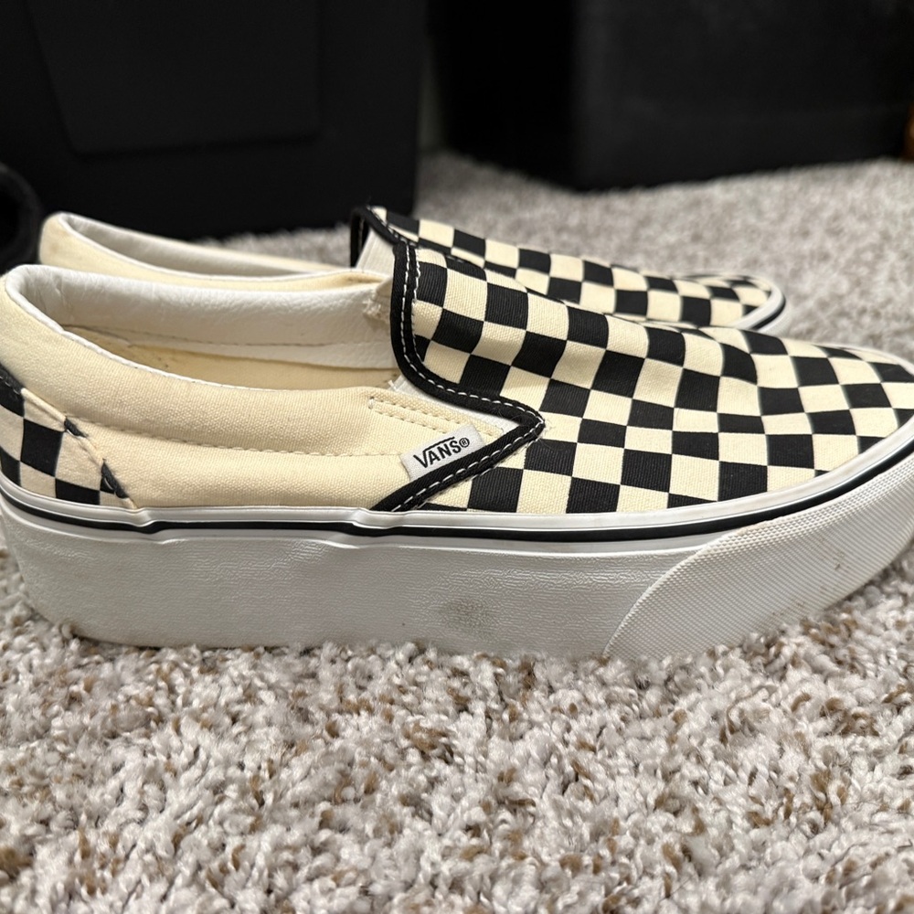 Vans Black and Cream Checkerboard Platform Slip-Ons
